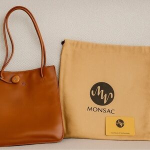 Vtg Monsac Original Italian Leather Shoulder Tote Glazed Square Cognac Brown COA